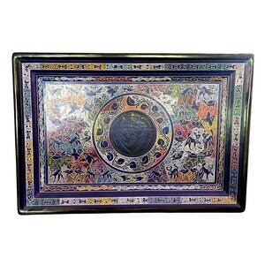 Vtg Burmese Myanmar Tray Indigo Birds Hand Painted Black Lacquer